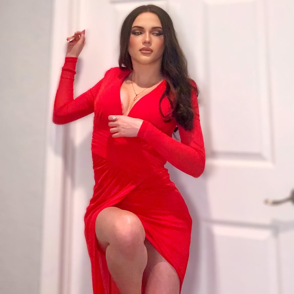 FASHION NOVA RED LONG SLEEVE GLITTER MAXI HIGH SLIT DRESS